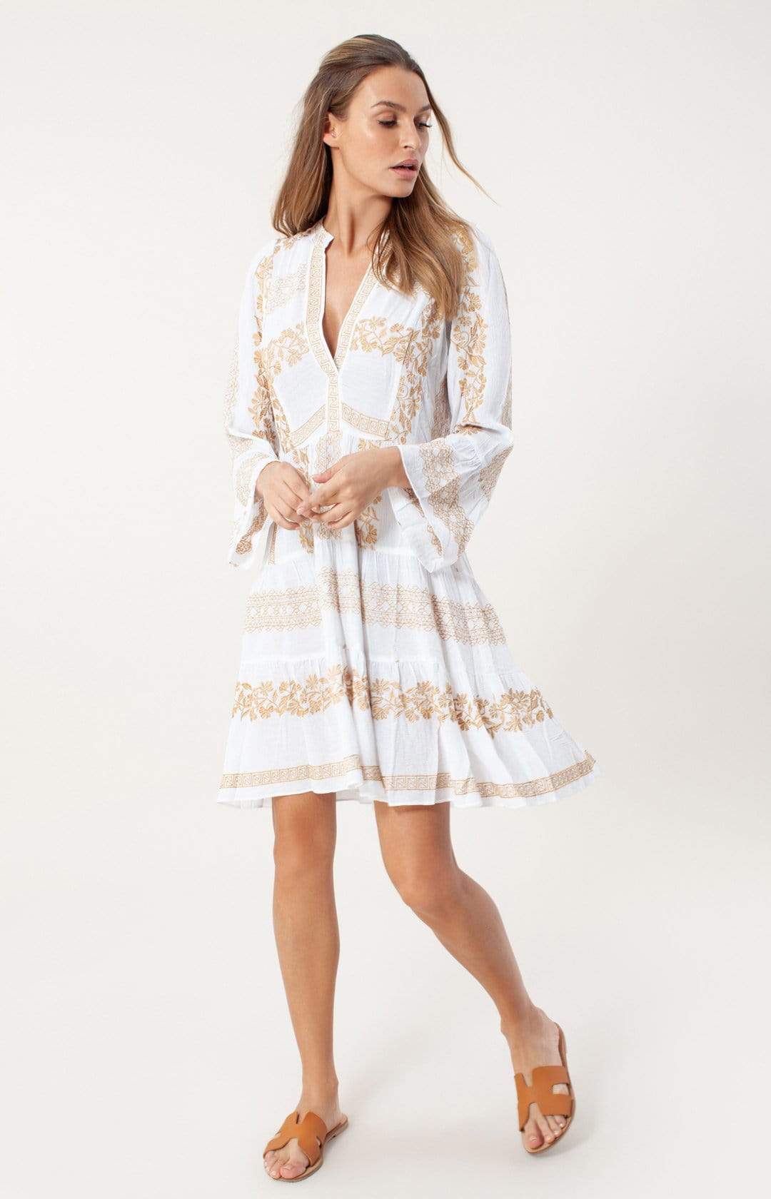 Hale Bob Dresses Hale Bob Mila Dress White With Gold Embroidery 05GS6885 izzi-of-baslow