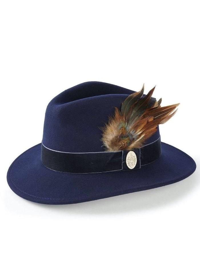 Hicks and Brown Accessories Hicks And Brown Chelsworth Fedora Navy Velvet Coque and Pheasant Feather HBCH1NA izzi-of-baslow