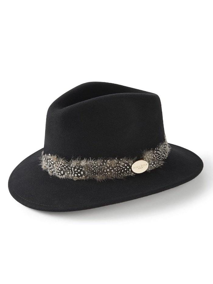 Hicks and Brown Accessories Hicks And Brown Suffolk Fedora Black Guinea Feather Black and White Wrap HBSW2BL izzi-of-baslow