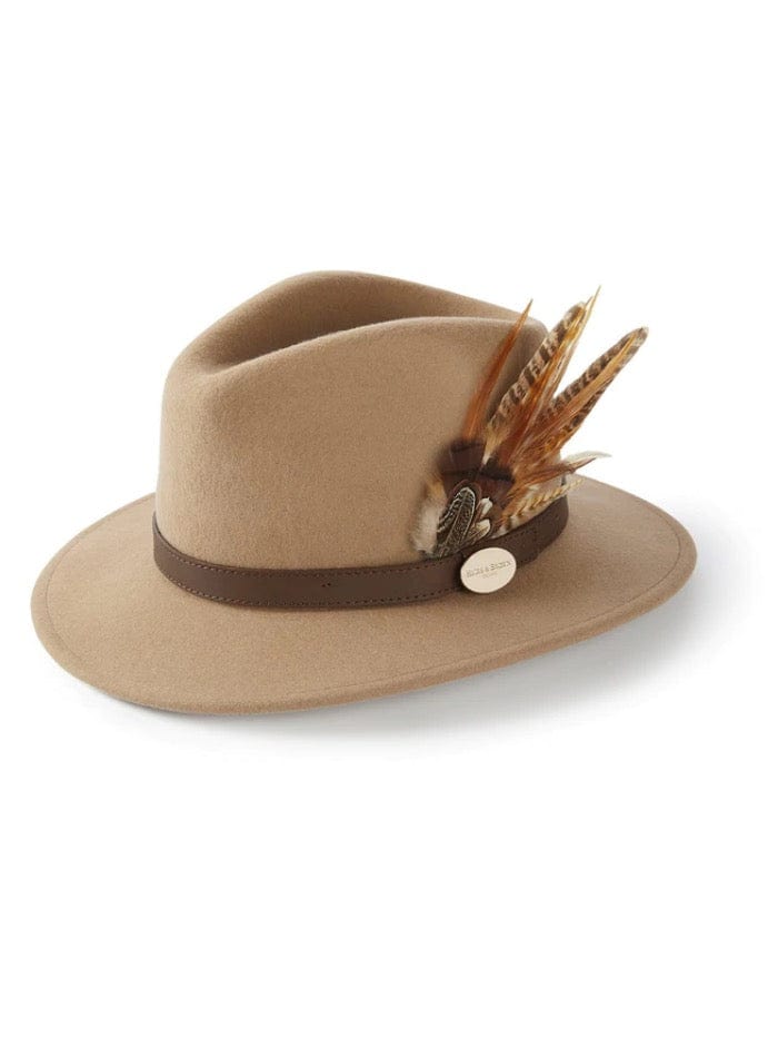 Hicks and Brown Accessories Hicks And Brown Suffolk Fedora Camel Gamebird Feather HBSF1CA izzi-of-baslow