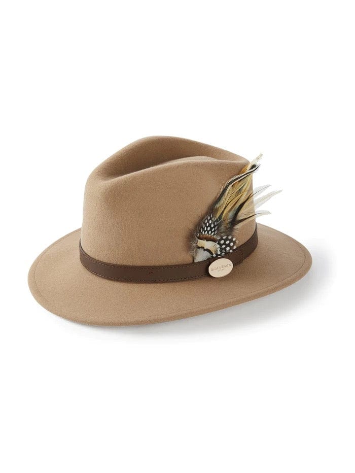 Hicks and Brown Accessories Hicks And Brown Suffolk Fedora Camel Guinea and Pheasant Feather HBSF2CA izzi-of-baslow