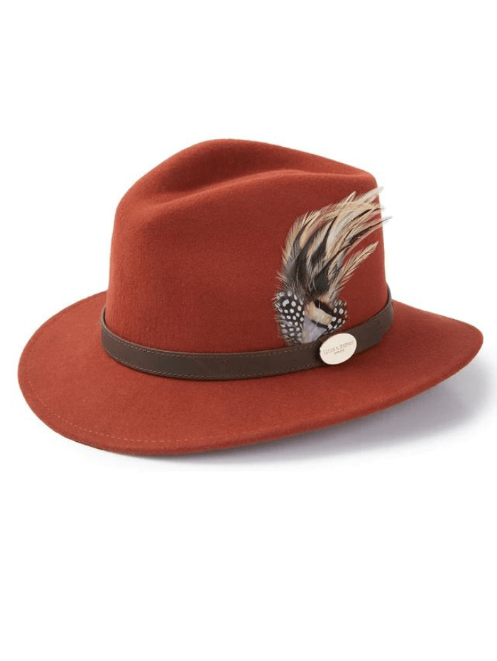 Hicks and Brown Accessories Hicks And Brown Suffolk Fedora Cinnamon Guinea and Pheasant Feather HBSF2CN izzi-of-baslow