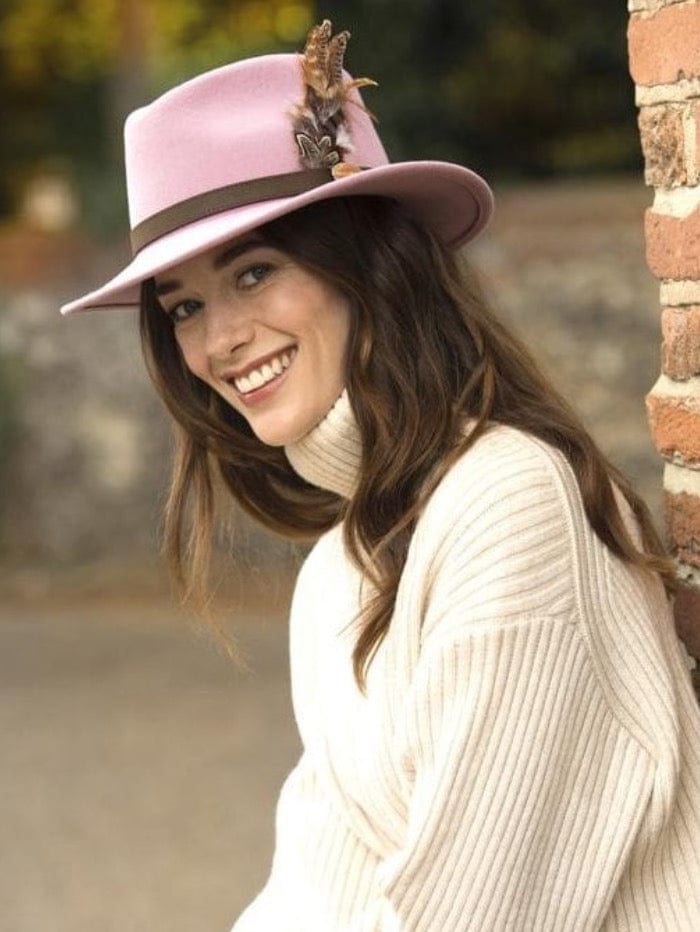 Hicks and Brown Accessories Hicks And Brown Suffolk Fedora Dusky Pink Game Bird Feather HBSF1DP izzi-of-baslow