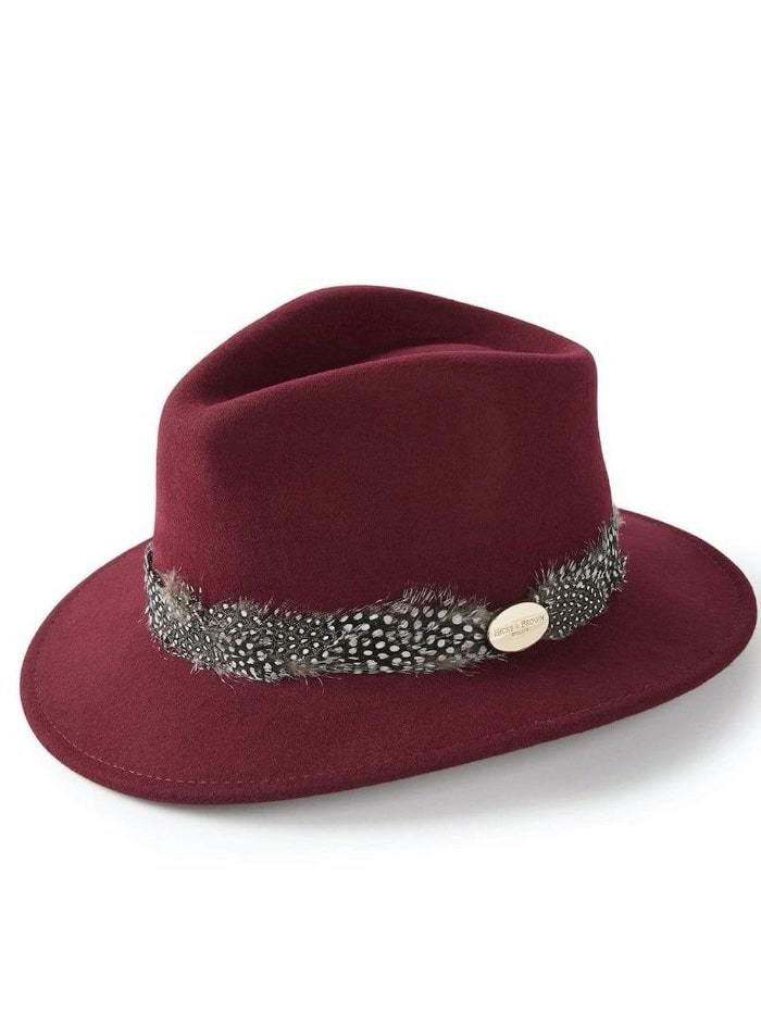 Hicks and Brown Accessories Hicks And Brown Suffolk Fedora Maroon Guinea Feather Black and White Wrap HBSW2MA izzi-of-baslow