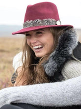 Hicks and Brown Accessories Hicks And Brown Suffolk Fedora Maroon Guinea Feather Black and White Wrap HBSW2MA izzi-of-baslow