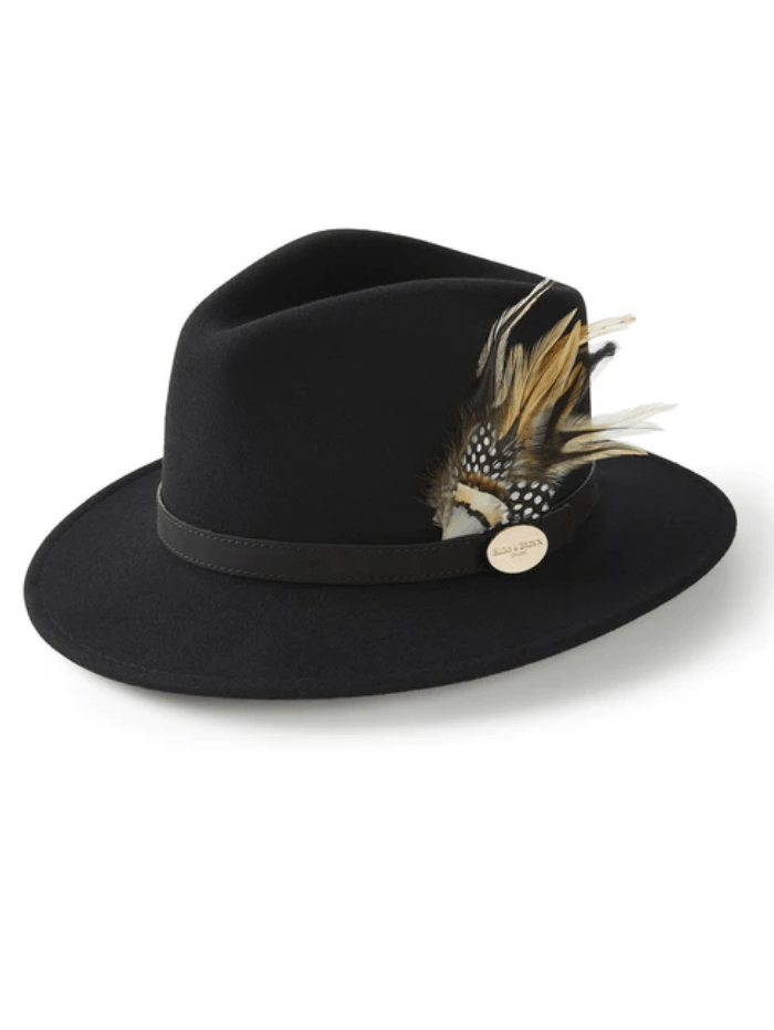 Hicks and Brown Accessories Hicks &amp; Brown Suffolk Fedora Black Guinea and Pheasant Feather HBSF2BL izzi-of-baslow