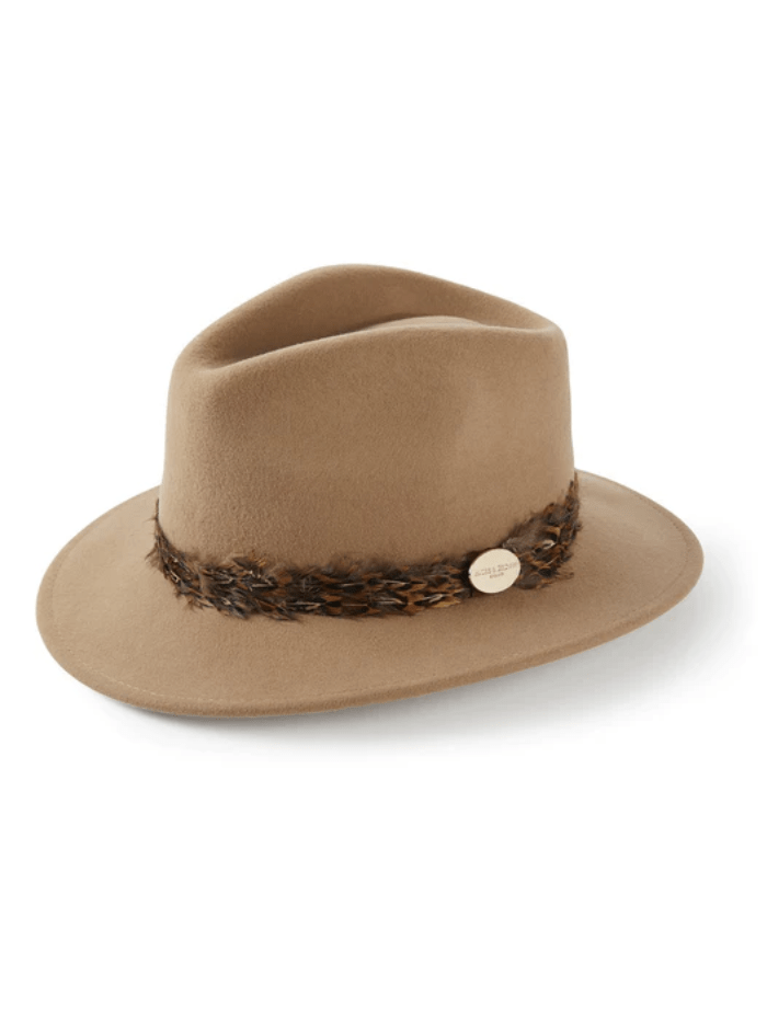 Hicks and Brown Accessories Hicks &amp; Brown Suffolk Fedora Camel Pheasant Feather Brown Wrap HBSW1CA izzi-of-baslow