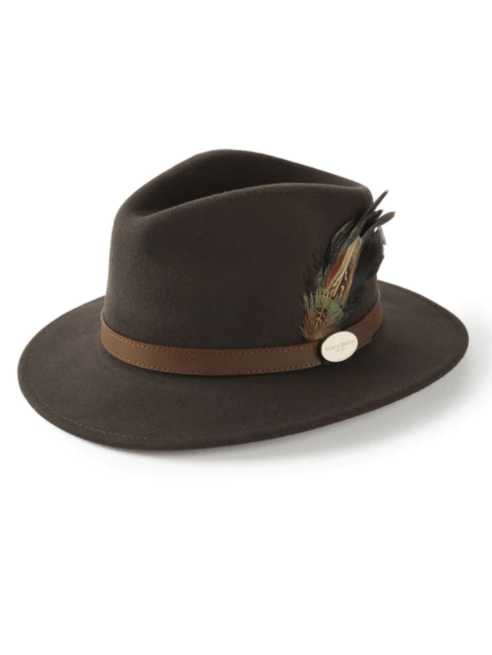 Hicks and Brown Accessories Hicks &amp; Brown Suffolk Fedora Dark Brown Classic Feather HBSF3BR izzi-of-baslow