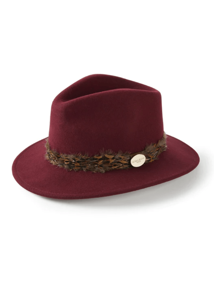 Hicks and Brown Accessories Hicks &amp; Brown Suffolk Fedora Maroon Pheasant Feather Brown Wrap HBSW1MA izzi-of-baslow
