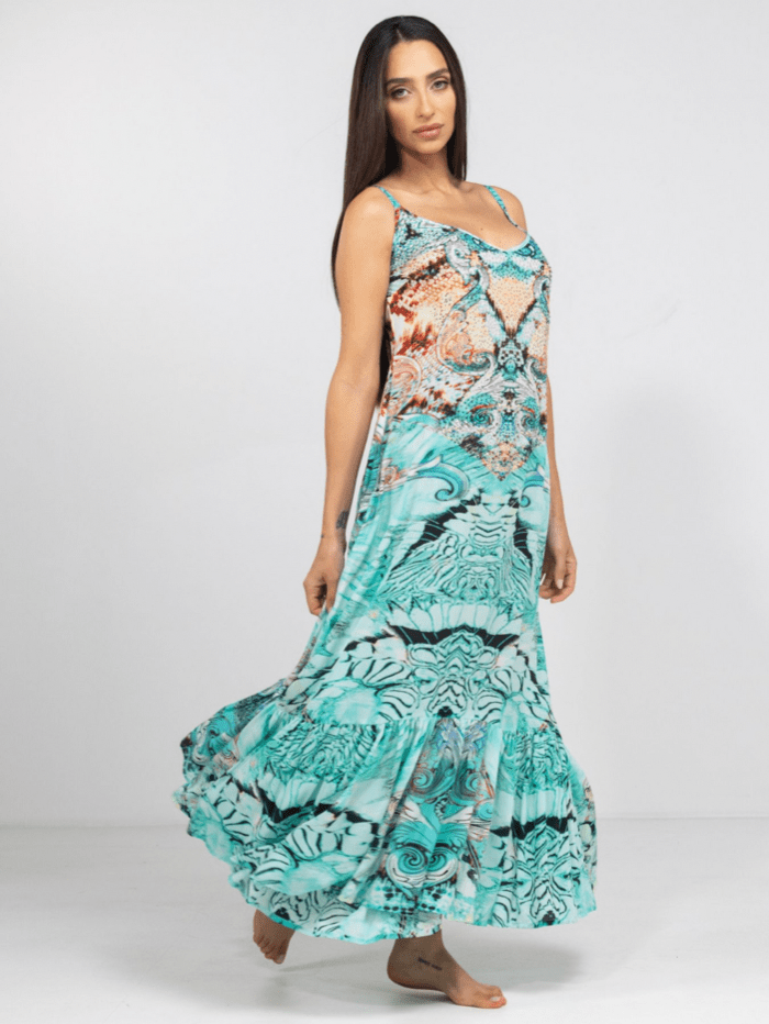 Inoa Dresses Inoa Gold Coast Printed Silk FRILL STRAP MAXI DRESS with Crystals 206 izzi-of-baslow