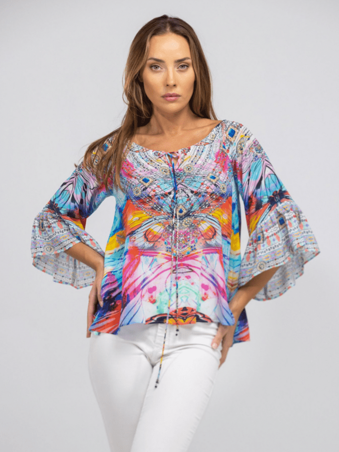 Inoa Tops Inoa Canberra Printed Silk BOHO Top with Crystals 205 izzi-of-baslow