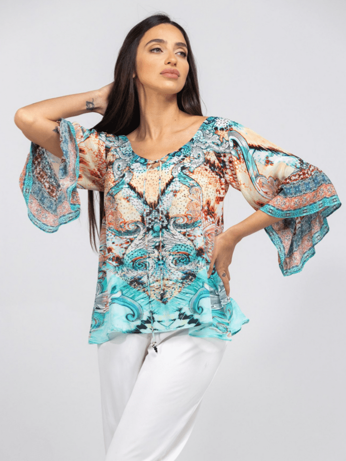 Inoa Tops Inoa Gold Coast Printed Silk BOHO Top with Crystals 206 izzi-of-baslow