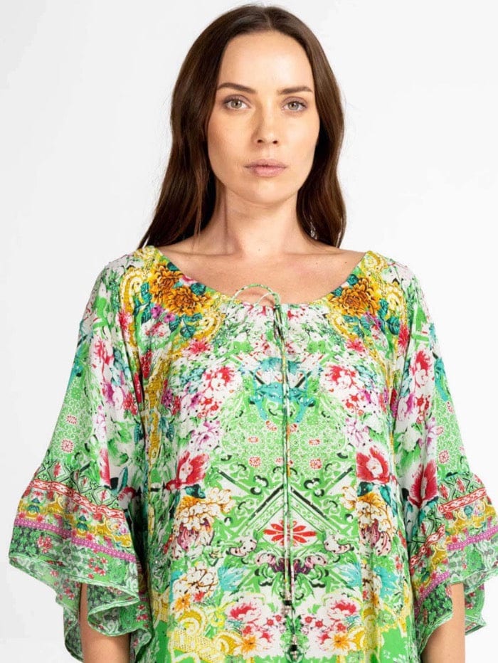 Inoa Tops Inoa Versailles Gardenia Green Silk BOHO Top With Crystals izzi-of-baslow