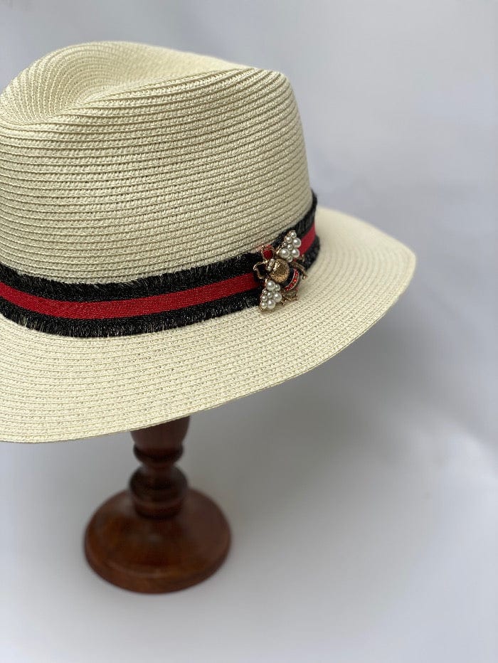 Izzi Hats Accessories Izzi Accessories Cream Summer Fedora Hat With Black and Red Fringe Ribbon and Bee Broach izzi-of-baslow