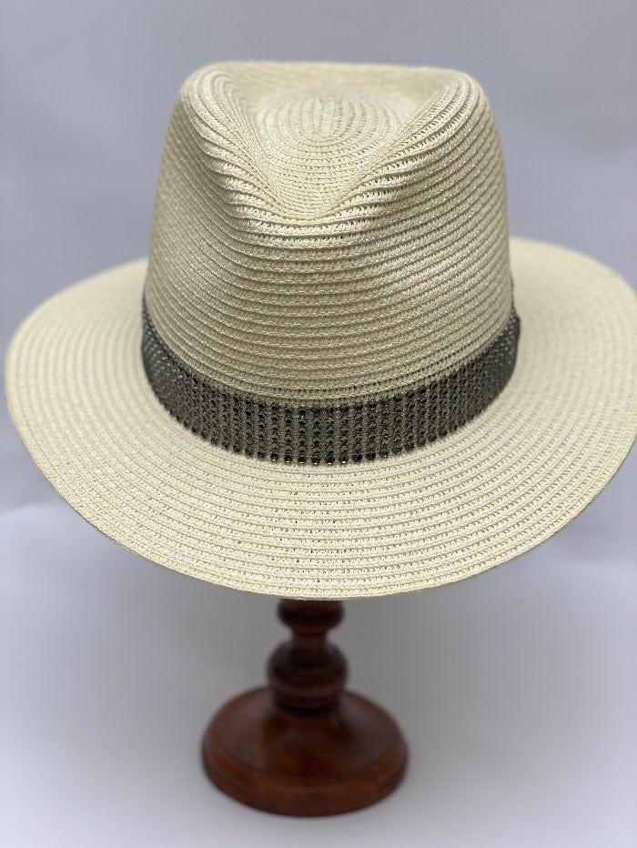 Izzi Hats Accessories Izzi Accessories Cream Summer Fedora Hat With Khaki Green Sparkle Band izzi-of-baslow