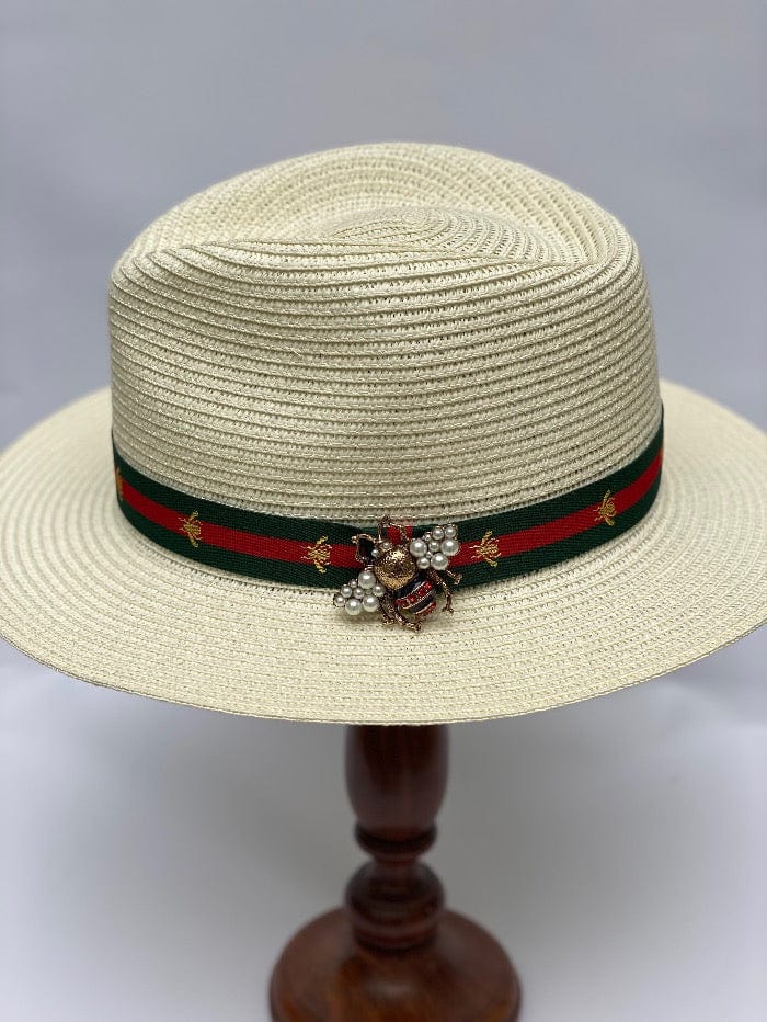 Izzi Hats Accessories Izzi Accessories Cream Summer Fedora Hat With Thin Green and Red Striped Gold Bee Ribbon and Bee Broach izzi-of-baslow