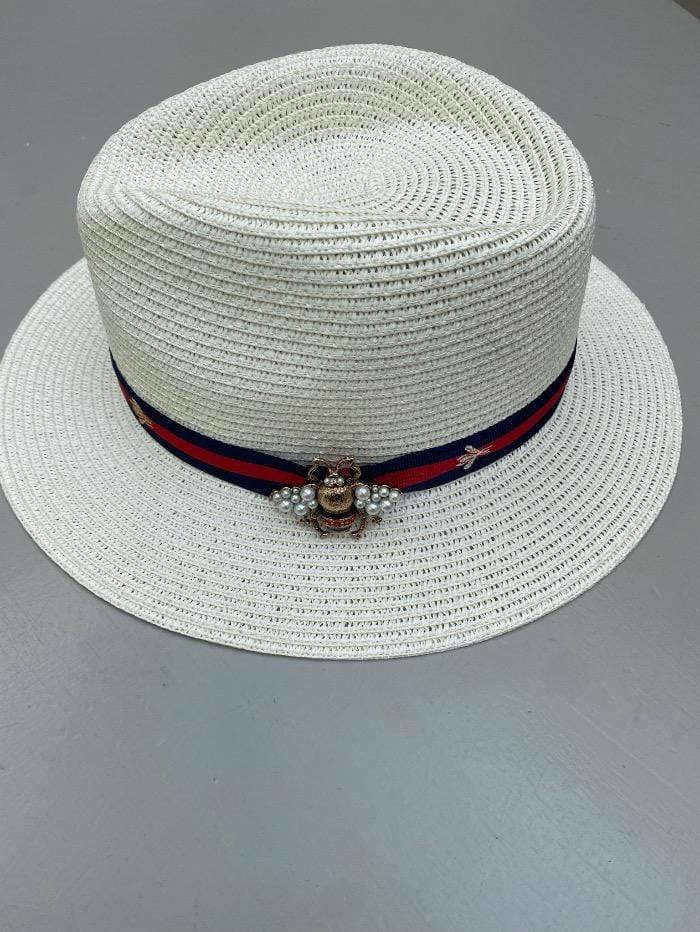 Izzi Hats Accessories Izzi Accessories Fedora Cream Bee Hat Navy/Red Ribbon SH374 izzi-of-baslow