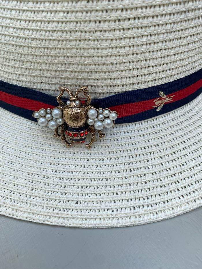 Izzi Hats Accessories Izzi Accessories Fedora Cream Bee Hat Navy/Red Ribbon SH374 izzi-of-baslow