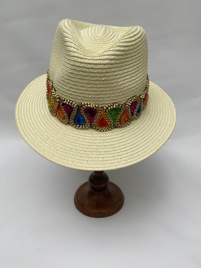 Izzi Hats Accessories Izzi Accessories Fedora Cream Hat With Wide Multi Coloured Velvet and Gold Braid izzi-of-baslow