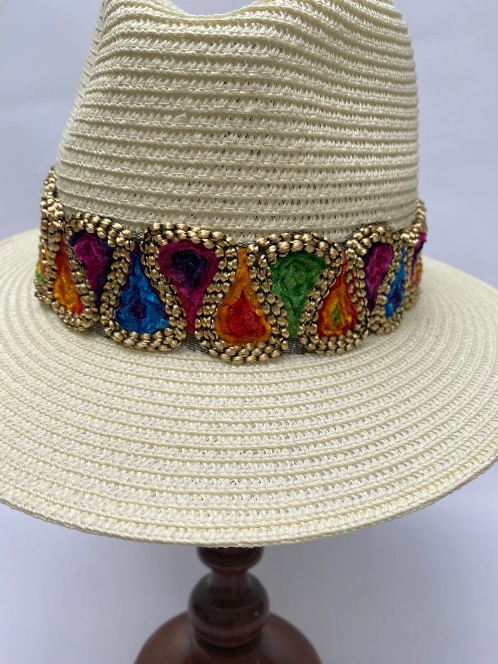 Izzi Hats Accessories Izzi Accessories Fedora Cream Hat With Wide Multi Coloured Velvet and Gold Braid izzi-of-baslow