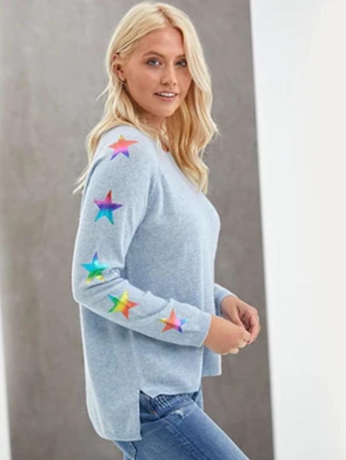 Izzi of Baslow Brodie Cashmere Sky Rainbow Sweater With Foil Star Sleeve EW7096 izzi-of-baslow