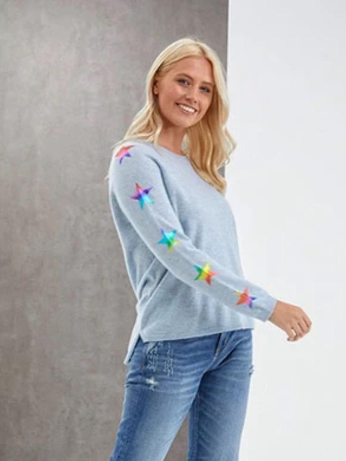 Izzi of Baslow Brodie Cashmere Sky Rainbow Sweater With Foil Star Sleeve EW7096 izzi-of-baslow