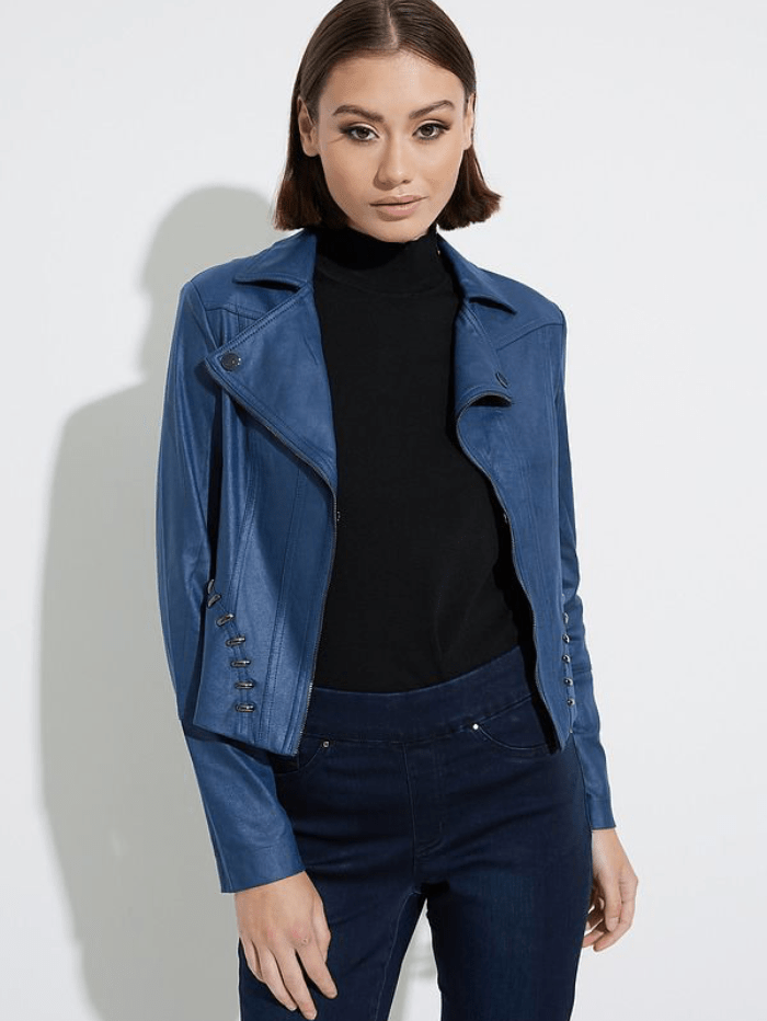 Joseph Ribkoff Coats and Jackets Joseph Ribkoff Blue Studded Pleather Jacket 223914 3920 izzi-of-baslow