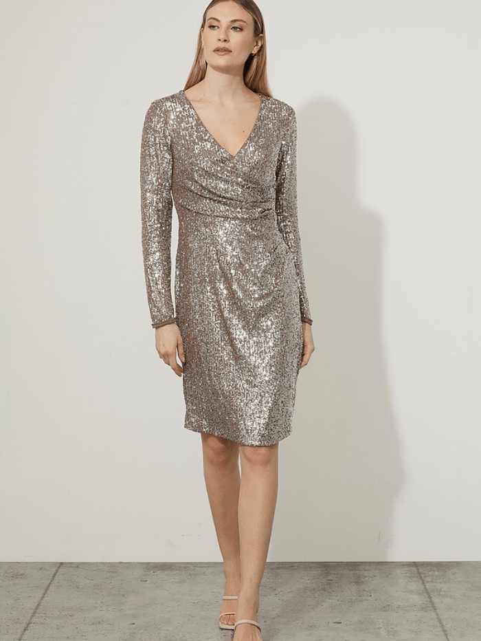 joseph ribkoff silver dress Joseph Ribkoff Quartz/Silver Foiled Pliss Novelty Knit Sheath Dress S DECABANA
