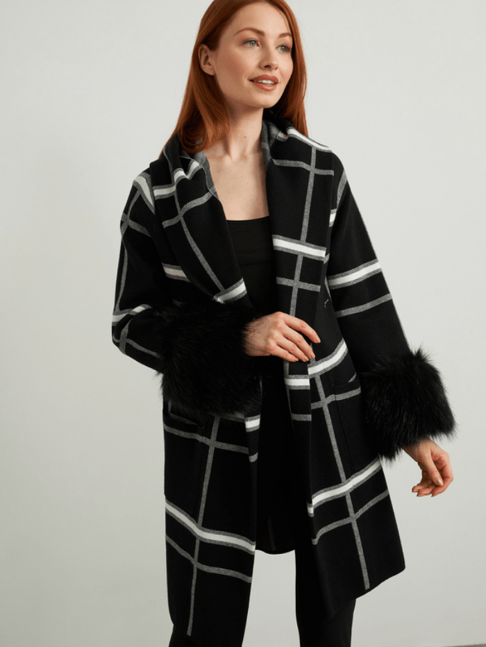 Joseph Ribkoff Coats and Jackets S Joseph Ribkoff Black &amp; Cream Faux Fur Cuffed Coat 213904 (A) izzi-of-baslow