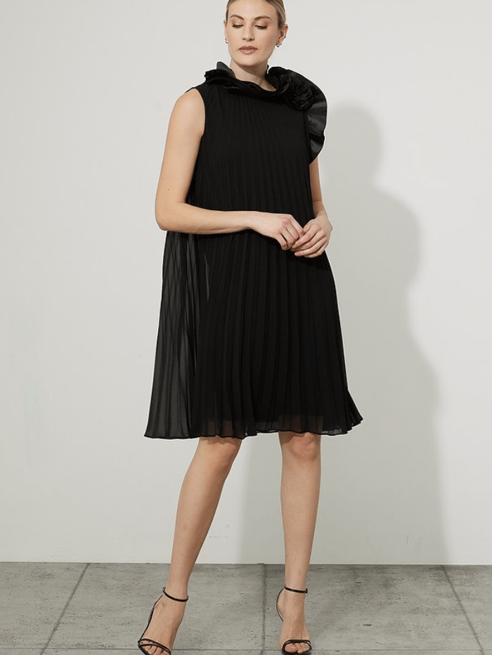 Joseph Ribkoff Dress Joseph Ribkoff Black Pleated Floral Shoulder Dress 223728 11 izzi-of-baslow