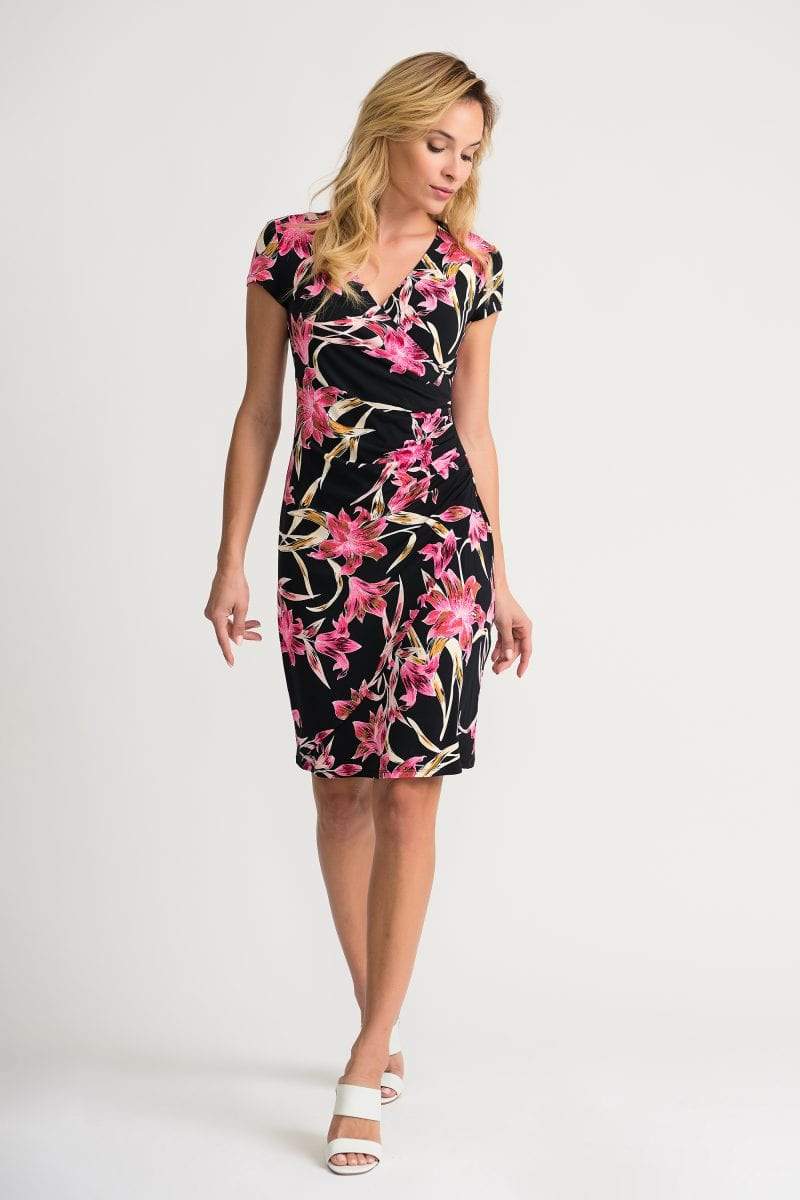 Joseph Ribkoff Dresses Joseph Ribkoff Black and Pink Floral Printed 202450 Dress izzi-of-baslow