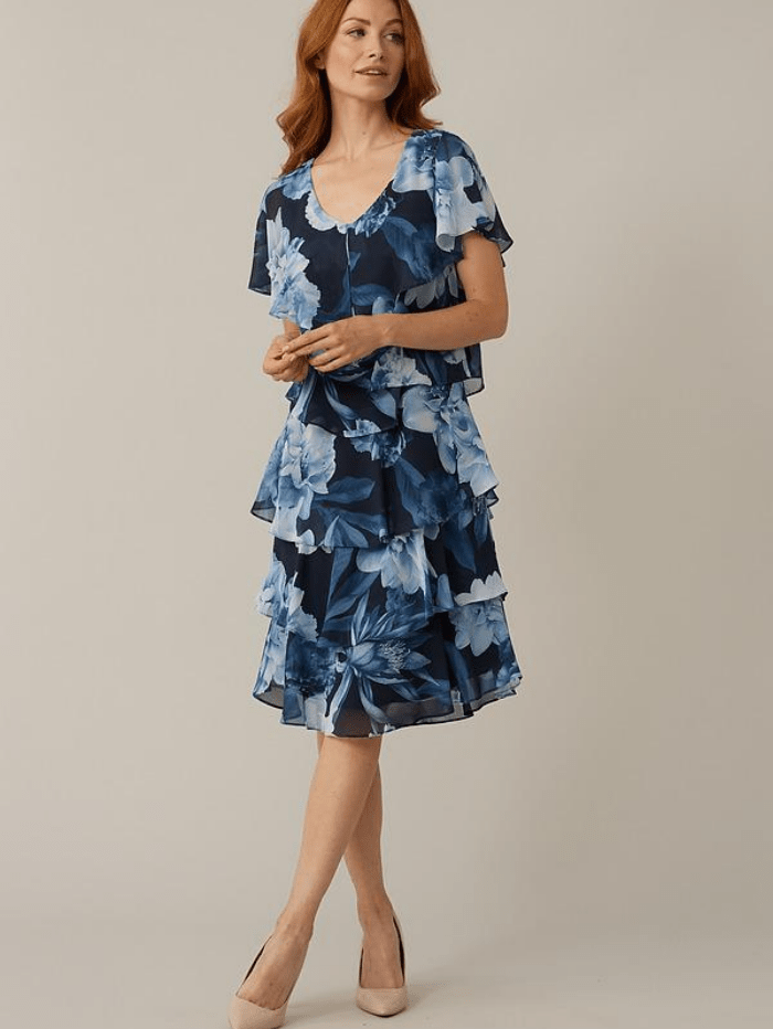 Joseph Ribkoff Dresses Joseph Ribkoff Blue Tiered Floral Dress 221332 3316 (A) izzi-of-baslow