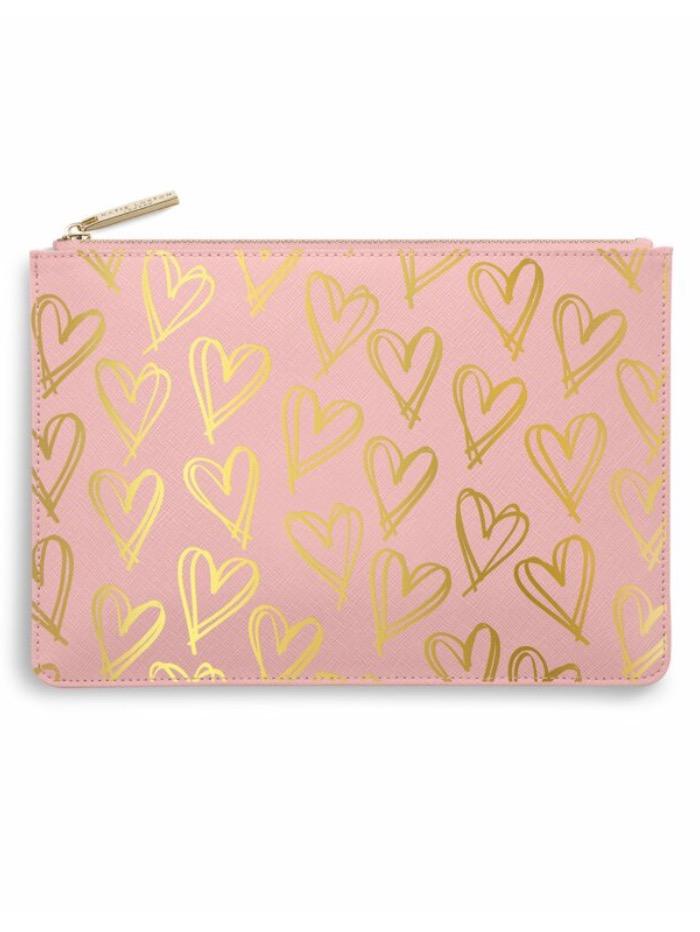 Katie Loxton Gifts One Size Katie Loxton Perfect Pouch Pink With Gold Heart Print KLB756 izzi-of-baslow