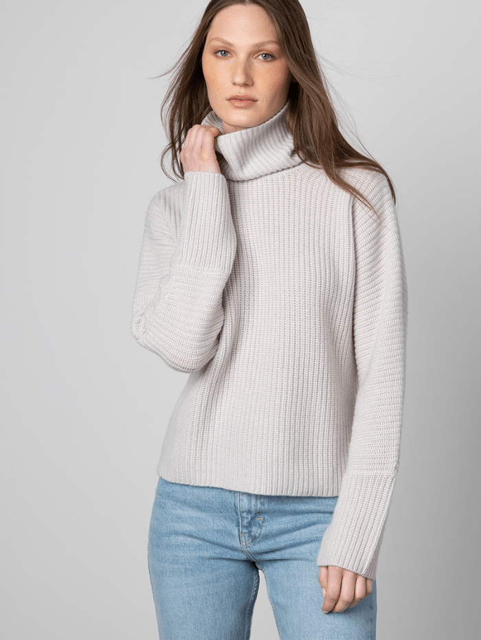 KINROSS Knitwear KINROSS Cashmere Light Birch Brown Roll Neck Cosy Jumper LFSJ2-157 izzi-of-baslow