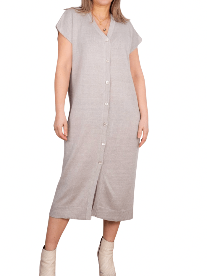 KINROSS Knitwear KINROSS Cashmere Linen Button Front Dress Flax Taupe LSSL3-181 izzi-of-baslow