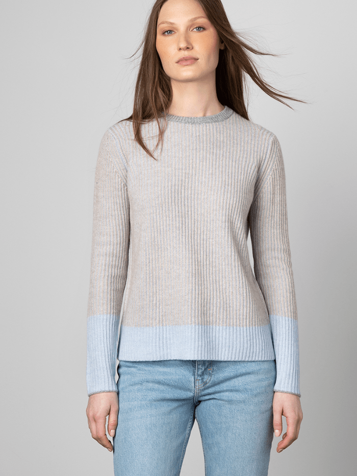 KINROSS Knitwear KINROSS Cashmere Sky Blue &amp; Grey Ribbed Crew Neck Jumper LFSC2-186 izzi-of-baslow