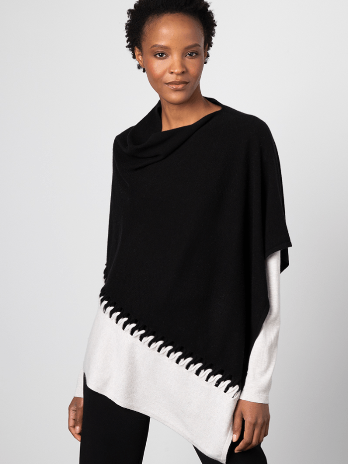 KINROSS Knitwear One Size KINROSS Cashmere Black &amp; Silver Birch Twist Stitch Poncho LFAC1-C99 izzi-of-baslow