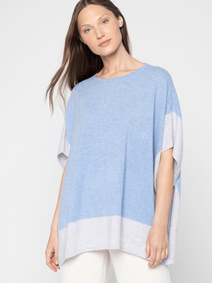 KINROSS Knitwear One Size KINROSS Cashmere Contrast Trim Popover Peri Blue and Grey LSSC3-125 izzi-of-baslow