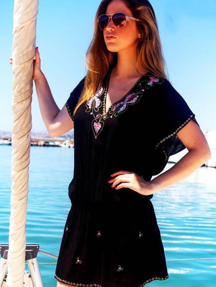 Lindsey Brown Resortwear Beachwear Lindsey Brown Paloma Black &amp; Coral Sequin Black Beach Dress izzi-of-baslow