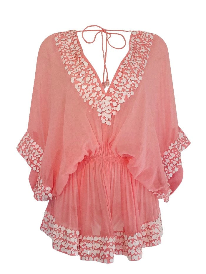 Lindsey Brown Resortwear Beachwear One Size Lindsey Brown Acapulco Pink Kaftan White Sequins izzi-of-baslow