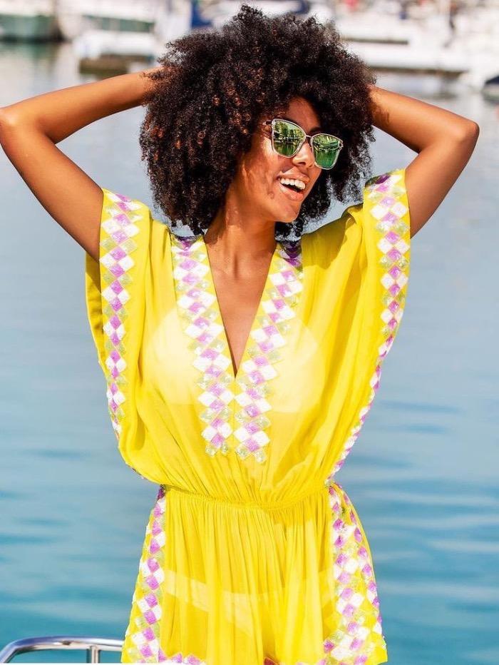 Lindsey Brown Resortwear Beachwear One Size Lindsey Brown Manhattan Silk Designer Kaftan Top Yellow izzi-of-baslow