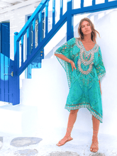 Lindsey Brown Resortwear Beachwear One Size Lindsey Brown Rhodes Silk Kaftan Aqua & Shell Print izzi-of-baslow