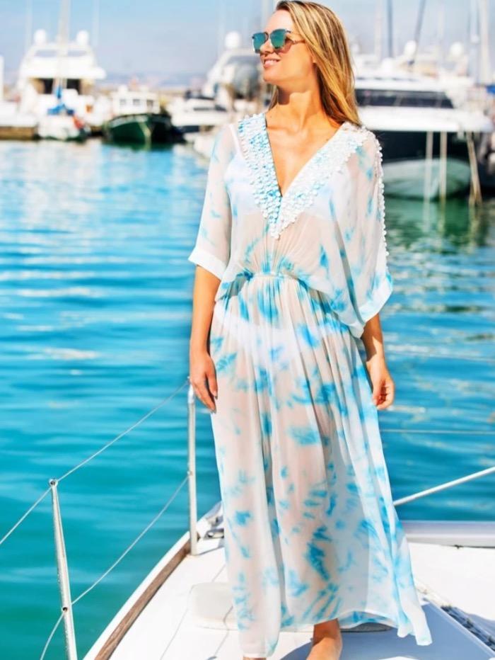 Lindsey Brown Resortwear Beachwear One Size Lindsey Brown Sky Blue and White Designer Maxi Kaftan Rio izzi-of-baslow