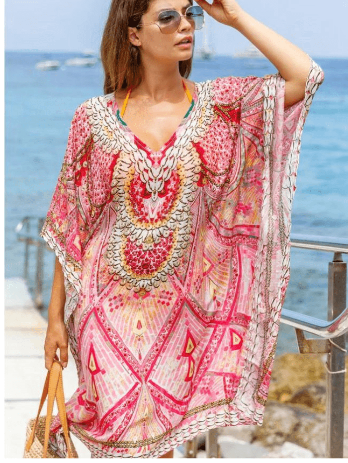 Lindsey Brown Resortwear Beachwear One Size Lindsey Brown T Rhodes Silk Kaftan Pink Shell Print izzi-of-baslow