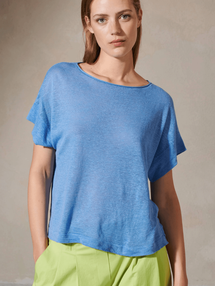 Luisa Cerano Tops Luisa Cerano Cornflower Blue Linen T-Shirt 158088 5898 0240 izzi-of-baslow