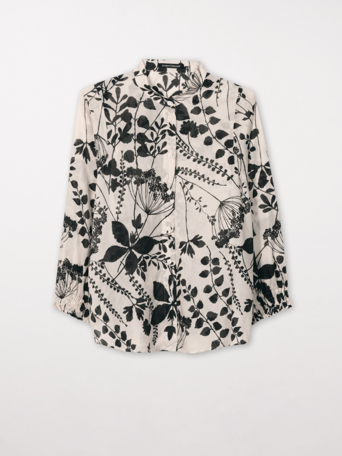 Luisa Cerano black and off white herbarium print blouse with stand up collar izzi-of-baslow