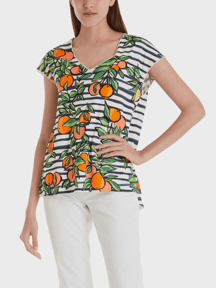 Marc Cain Additions Tops Marc Cain Additions Fruit Print Striped T-Shirt SA 48.19 J06 Col 484 izzi-of-baslow