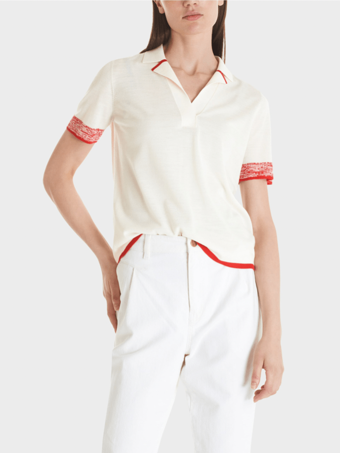 Marc Cain Collections Knitwear Marc Cain Collections Cream Knitted Polo With Red Trim TC 53.01 M70 COL 110 izzi-of-baslow