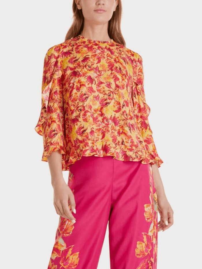 Marc Cain Collections Tops Marc Cain Collections Orange Satin Tulip Print Blouse SC 51.23 W98 440 izzi-of-baslow