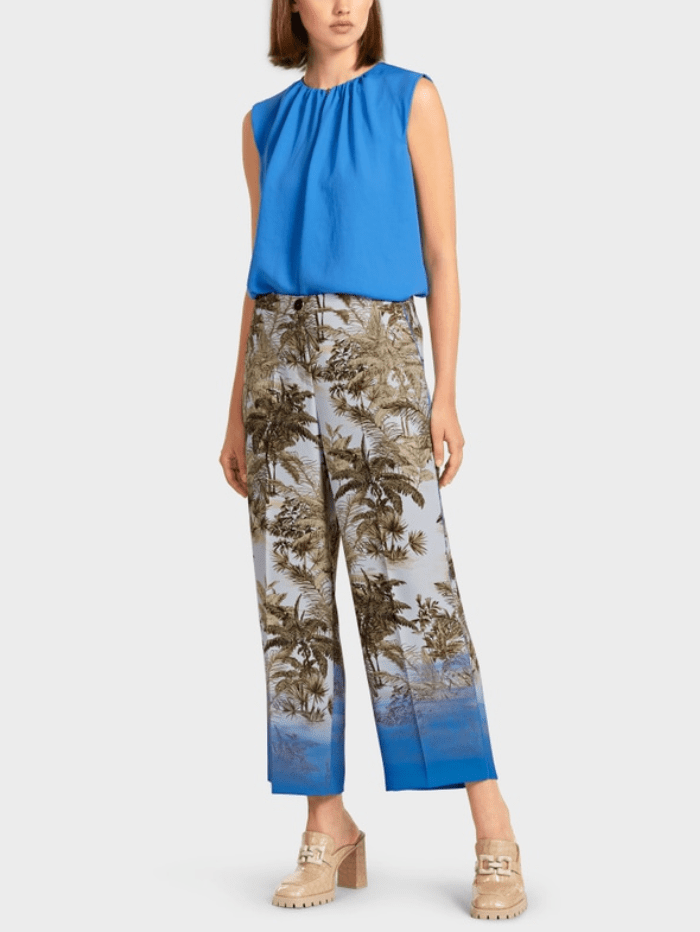 Marc Cain Collections Trousers Marc Cain Collections Powder Blue Palm Print Trousers UC 81.10 W51 COL 305 izzi-of-baslow